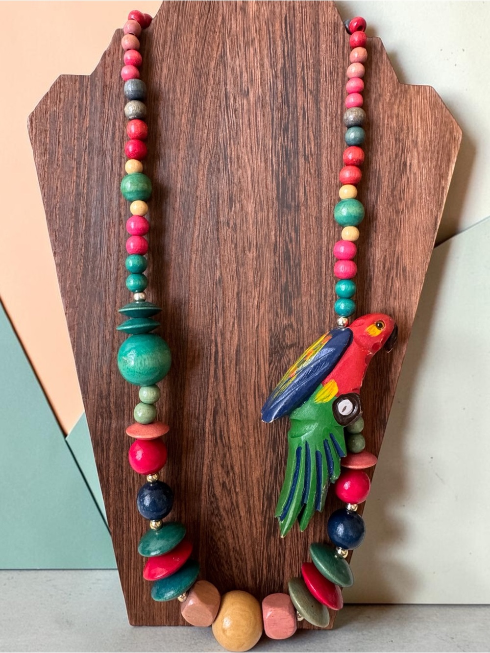 Folk Art Carved Parrot Wooden Bead Statement Necklace - Multicolor
